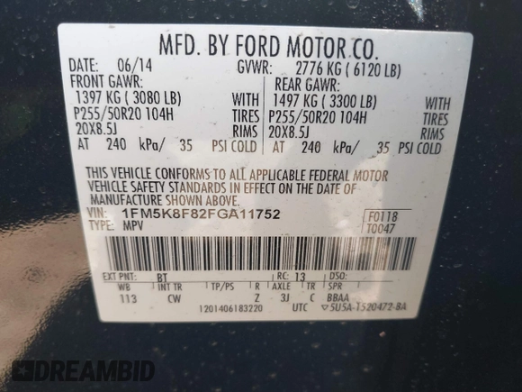 2015 Ford Explorer Limited with VIN 1FM5K8F82FGA11752, listed as a IAAI auction lot 41759717 with 117,208 mi miles and . Bid and sale history available at DreamBid. Image 9.