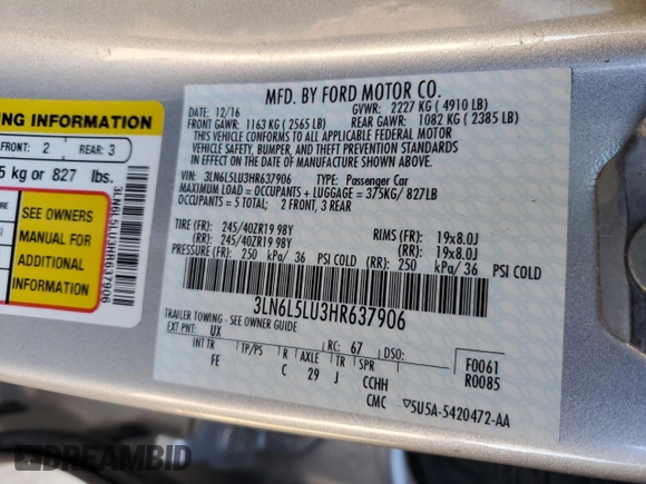 2017 Lincoln MKZ Hybrid Select with VIN 3LN6L5LU3HR637906, listed as a Copart auction lot 81404724 with 33,390 mi miles and Salvage Title. Bid and sale history available at DreamBid. Image 14.