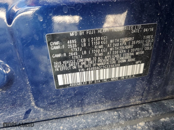 2016 Subaru Outback 2.5i Premium with VIN 4S4BSACC2G3338308, listed as a Copart auction lot 49119405 with 148,024 mi miles and Clean Title. Bid and sale history available at carsss.com. Image 13.