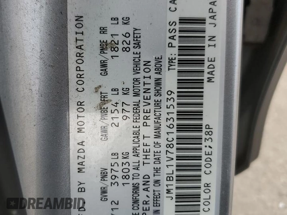 2012 Mazda 3 i Touring with VIN JM1BL1V78C1631539, listed as a Copart auction lot 53621565 with 178,815 mi miles and Salvage Title. Bid and sale history available at DreamBid. Image 12.
