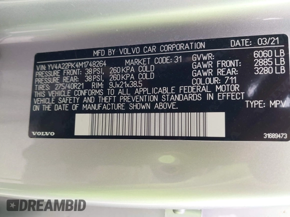 2021 Volvo XC90 Momentum with VIN YV4A22PK4M1748264, listed as a IAAI auction lot 41947135 with 106,081 mi miles and . Bid and sale history available at DreamBid. Image 9.