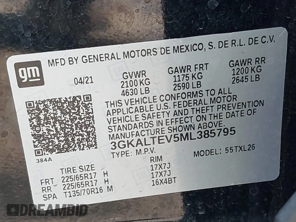 2021 GMC Terrain SLE with VIN 3GKALTEV5ML385795, listed as a IAAI auction lot 42142828 with 40,752 mi miles and . Bid and sale history available at carsss.com. Image 9.