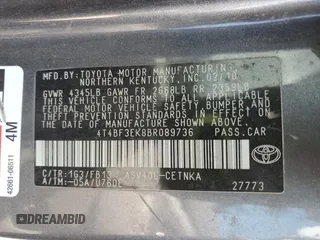 2011 Toyota Camry LE with VIN 4T4BF3EK8BR089736, listed as a Copart auction lot 59197345 with 299,083 mi miles and Non repairable. Bid and sale history available at DreamBid. Image 12.