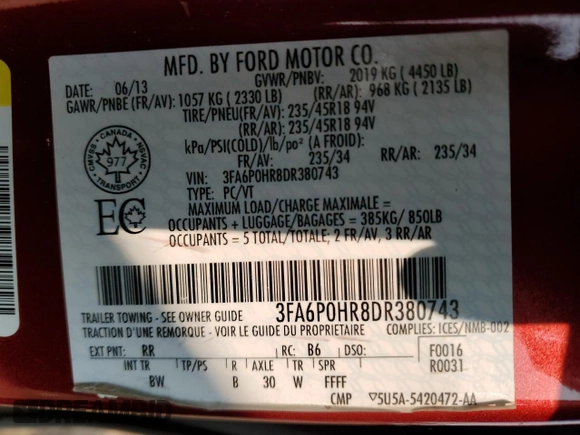 2013 Ford Fusion SE с VIN 3FA6P0HR8DR380743, выставлен на аукционе Copart как лот 60668045 с пробегом 233 437 миль миль и Списание • Salvage title. История ставок и продаж доступна на DreamBid. Изображение 12.