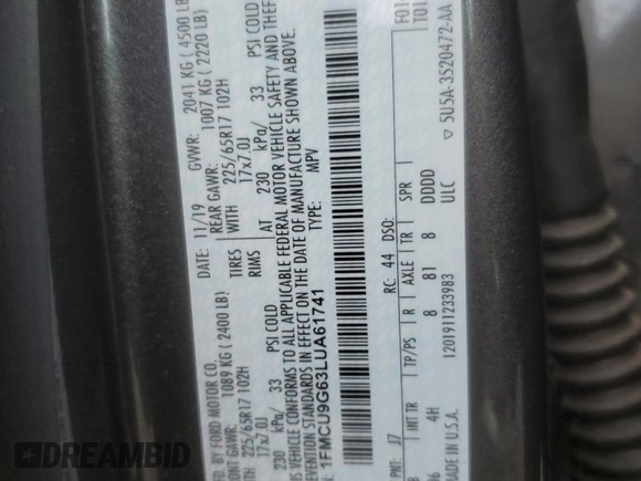 2020 Ford Escape SE with VIN 1FMCU9G63LUA61741, listed as a Copart auction lot 46120785 with 56,696 mi miles and Salvage Title. Bid and sale history available at DreamBid. Image 15.