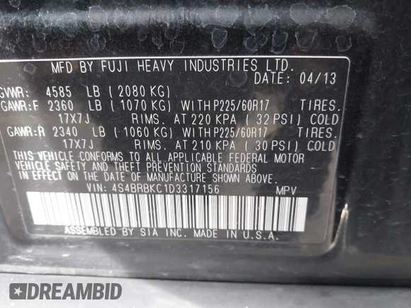 2013 Subaru Outback 2.5i Limited with VIN 4S4BRBKC1D3317156, listed as a IAAI auction lot 41488098 with 51,532 mi miles. Bid and sale history available at carsss.com. Image 9.