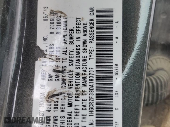 2013 Honda Accord LX z VIN 1HGCR2F39DA183707, wystawiony jako Copart lot #54714885 z przebiegiem 170 344 mil mil oraz Szkoda całkowita • Salvage title. Historia ofert i sprzedaży dostępna na DreamBid. Obrazek 12.