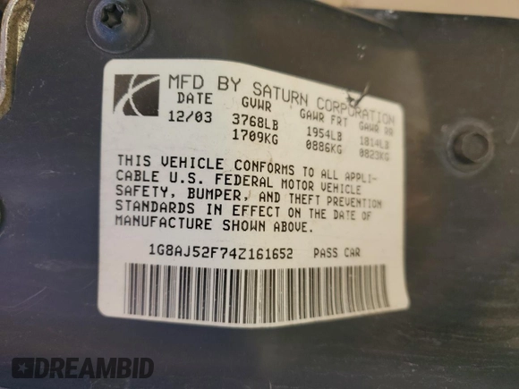2004 Saturn ION with VIN 1G8AJ52F74Z161652, listed as a Copart auction lot 89256205 with 187,137 mi miles and Salvage Title. Bid and sale history available at carsss.com. Image 12.