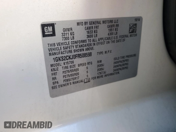 2015 GMC Yukon Denali with VIN 1GKS2CKJ0FR508598, listed as a Copart auction lot 71212924 with 133,220 mi miles and Salvage Title. Bid and sale history available at carsss.com. Image 13.