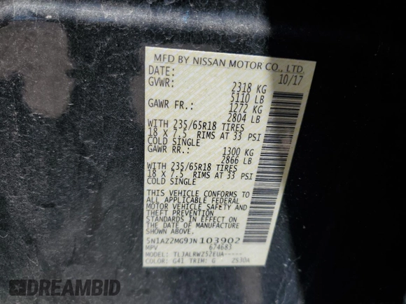 2018 Nissan Murano S with VIN 5N1AZ2MG9JN103902, listed as a Copart auction lot 52045465 with 99,905 mi miles and Salvage Title. Bid and sale history available at DreamBid. Image 14.