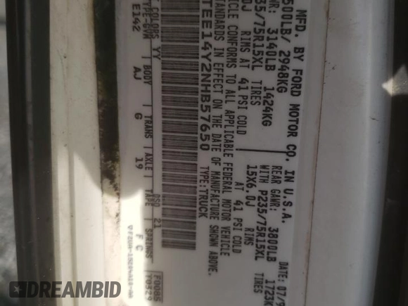 1992 Ford Econoline Cargo with VIN 1FTEE14Y2NHB57650, listed as a Copart auction lot 60258605 with 313,337 mi miles and Salvage title. Bid and sale history available at DreamBid. Image 13.