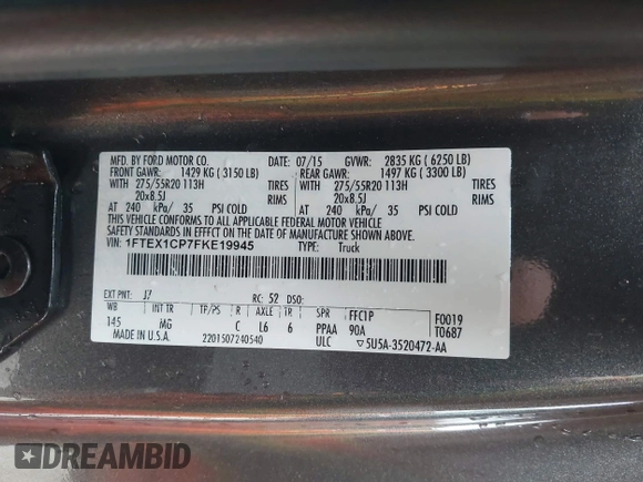 2015 Ford F-150 XL with VIN 1FTEX1CP7FKE19945, listed as a IAAI auction lot 42165359 with 206,874 mi miles and . Bid and sale history available at DreamBid. Image 9.