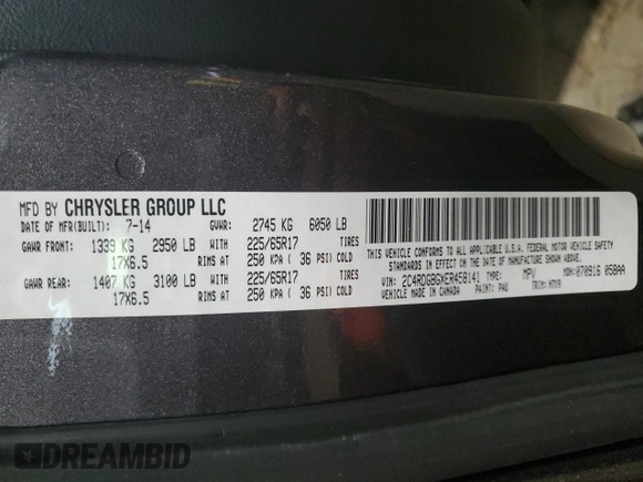 2014 Dodge Grand Caravan SE 30th Anniversary with VIN 2C4RDGBGXER458141, listed as a Copart auction lot 42140345 with 61,776 mi miles and Clean Title. Bid and sale history available at DreamBid. Image 15.