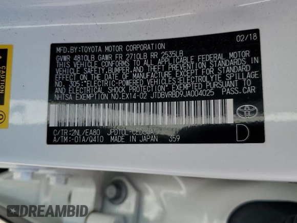 2018 Toyota Mirai with VIN JTDBVRBD9JA004025, listed as a Copart auction lot 56686705 with 81,292 mi miles and Salvage title. Bid and sale history available at DreamBid. Image 12.
