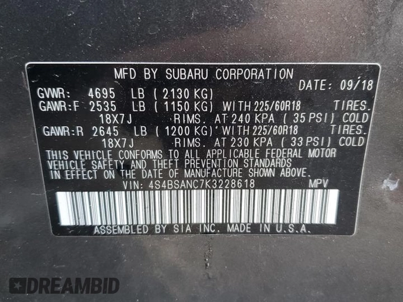 2019 Subaru Outback Limited with VIN 4S4BSANC7K3228618, listed as a Copart auction lot 47032615 with Not Provided miles and Non Repairable. Bid and sale history available at DreamBid. Image 14.
