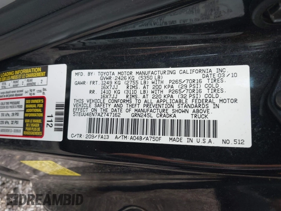 2010 Toyota Tacoma z VIN 5TEUU4EN7AZ747162, wystawiony jako IAAI lot #41899480 z przebiegiem Nie podano mil oraz . Historia ofert i sprzedaży dostępna na DreamBid. Obrazek 8.