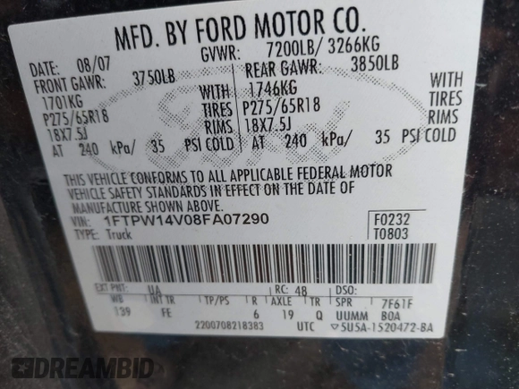2008 Ford F-150 XLT with VIN 1FTPW14V08FA07290, listed as a IAAI auction lot 41650422 with 162,971 mi miles. Bid and sale history available at carsss.com. Image 9.
