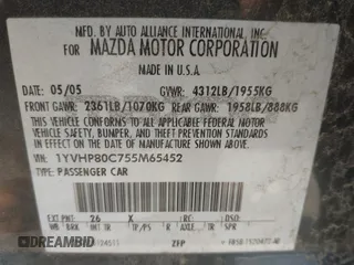 2005 Mazda 6 Sport with VIN 1YVHP80C755M65452, listed as a IAAI auction lot 42007910 with 200,478 mi miles and . Bid and sale history available at DreamBid. Image 9.