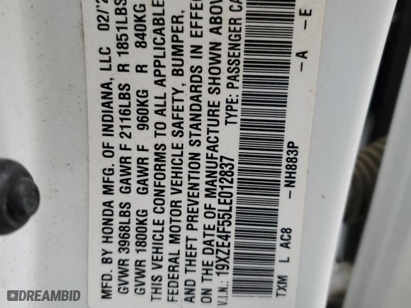 2020 Honda Insight EX with VIN 19XZE4F55LE012837, listed as a Copart auction lot 48197615 with 0 mi miles and Salvage Title. Bid and sale history available at carsss.com. Image 14.