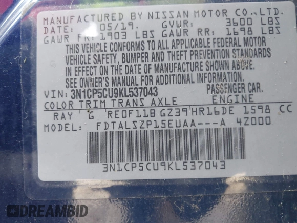 2019 Nissan Kicks S with VIN 3N1CP5CU9KL537043, listed as a IAAI auction lot 41766823 with Not Provided miles. Bid and sale history available at carsss.com. Image 9.