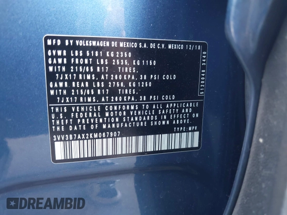 2019 Volkswagen Tiguan SE with VIN 3VV3B7AX2KM067907, listed as a IAAI auction lot 41841360 with 19,269 mi miles and . Bid and sale history available at DreamBid. Image 9.