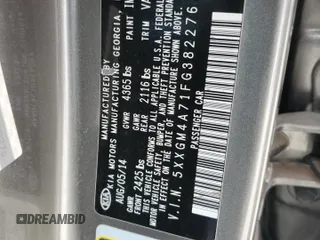 2015 Kia Optima LX with VIN 5XXGM4A71FG382276, listed as a Copart auction lot 65351315 with 209,667 mi miles and Salvage title. Bid and sale history available at DreamBid. Image 12.