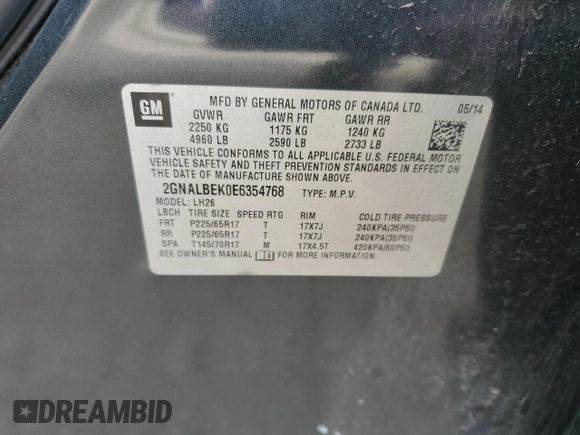 2014 Chevrolet Equinox LT with VIN 2GNALBEK0E6354768, listed as a Copart auction lot 51298055 with 134,543 mi miles and Clean Title. Bid and sale history available at DreamBid. Image 12.