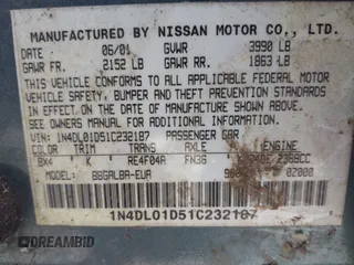 2001 Nissan Altima GXE with VIN 1N4DL01D51C232187, listed as a IAAI auction lot 41928081 with 154,416 mi miles. Bid and sale history available at carsss.com. Image 9.