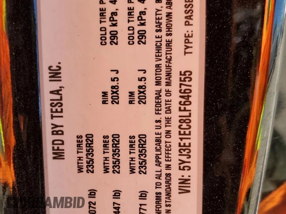 2020 Tesla Model 3 Performance z VIN 5YJ3E1EC8LF646755, wystawiony jako Copart lot #57224755 z przebiegiem 38 556 mil mil oraz Szkoda całkowita • Salvage title. Historia ofert i sprzedaży dostępna na DreamBid. Obrazek 13.
