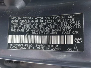 2011 Toyota Prius I with VIN JTDKN3DU9B0312488, listed as a IAAI auction lot 41928385 with 278,971 mi miles. Bid and sale history available at carsss.com. Image 9.