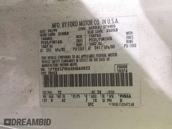 1999 Ford F-150 with VIN 1FTRX17W6XNB60822, listed as a IAAI auction lot 42310975 with Not provided miles and . Bid and sale history available at DreamBid. Image 9.