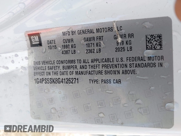 2016 Buick Verano Group with VIN 1G4PS5SK8G4126271, listed as a IAAI auction lot 41692826 with 90,790 mi miles and . Bid and sale history available at DreamBid. Image 9.