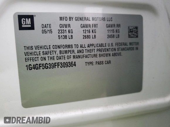 2015 Buick LaCrosse Premium II with VIN 1G4GF5G39FF309364, listed as a Copart auction lot 50144345 with 134,835 mi miles and Clean Title. Bid and sale history available at DreamBid. Image 14.