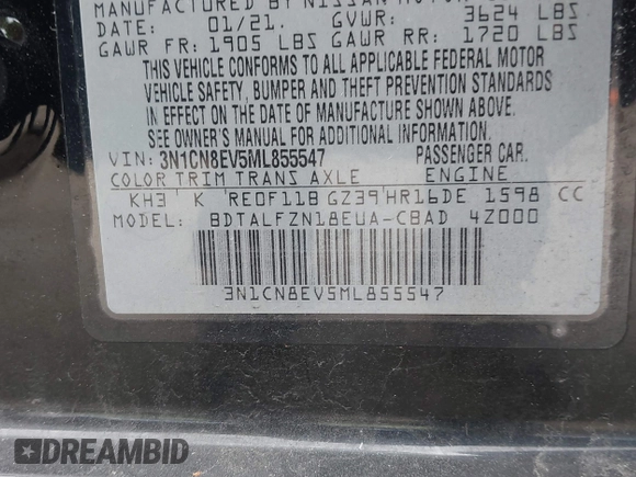 2021 Nissan Versa SV with VIN 3N1CN8EV5ML855547, listed as a IAAI auction lot 41827009 with 97,525 mi miles and . Bid and sale history available at DreamBid. Image 9.