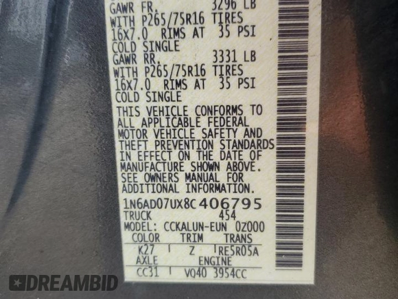 2008 Nissan Frontier SE with VIN 1N6AD07UX8C406795, listed as a Copart auction lot 61303185 with 145,742 mi miles and Salvage title. Bid and sale history available at DreamBid. Image 12.