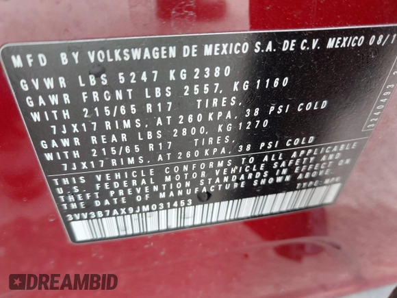 2018 Volkswagen Tiguan SEL with VIN 3VV3B7AX9JM031453, listed as a IAAI auction lot 42084781 with 82,931 mi miles and . Bid and sale history available at DreamBid. Image 9.