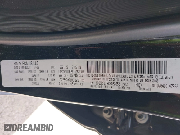 2019 Ram 1500 Rebel with VIN 1C6SRFLT2KN592652, listed as a IAAI auction lot 41989054 with 71,630 mi miles and . Bid and sale history available at DreamBid. Image 9.