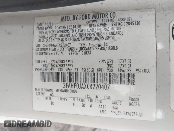 2012 Ford Fusion SEL z VIN 3FAHP0JAXCR220407, wystawiony jako IAAI lot #42548615 z przebiegiem 240 471 mil mil oraz . Historia ofert i sprzedaży dostępna na DreamBid. Obrazek 9.