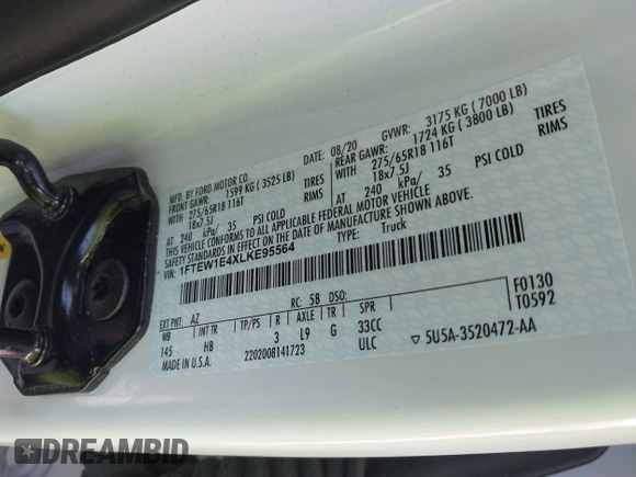 2020 Ford F-150 XL with VIN 1FTEW1E4XLKE95564, listed as a IAAI auction lot 41771629 with 125,333 mi miles and . Bid and sale history available at DreamBid. Image 9.