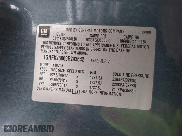 2009 Chevrolet Tahoe 2LT z VIN 1GNFK23069R293642, wystawiony jako IAAI lot #41584582 z przebiegiem 140 633 mil mil oraz . Historia ofert i sprzedaży dostępna na DreamBid. Obrazek 9.