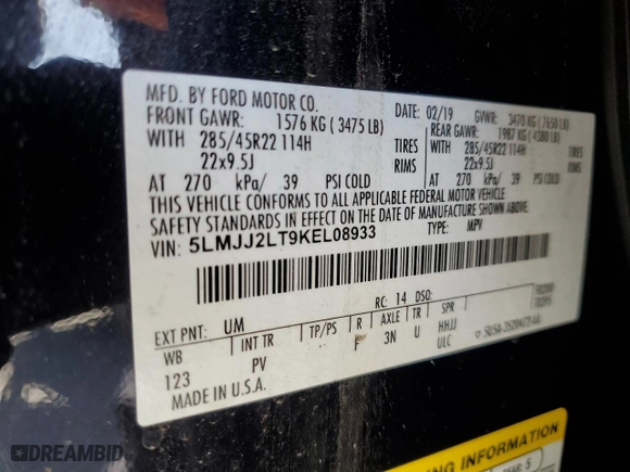 2019 Lincoln Navigator Reserve with VIN 5LMJJ2LT9KEL08933, listed as a Copart auction lot 47444895 with 61,856 mi miles and Salvage Title. Bid and sale history available at carsss.com. Image 13.