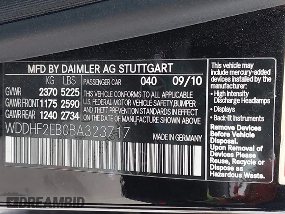 2011 Mercedes-Benz E 350 Luxury with VIN WDDHF2EB0BA323717, listed as a IAAI auction lot 41956889 with 128,957 mi miles and . Bid and sale history available at DreamBid. Image 9.