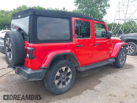 2018 Jeep Wrangler Unlimited Sahara z VIN 1C4HJXEG4JW316496, wystawiony jako IAAI lot #42437607 z przebiegiem 46 861 mil mil oraz . Historia ofert i sprzedaży dostępna na DreamBid. Obrazek 4.