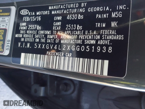 2016 Kia Optima SXL Turbo with VIN 5XXGV4L2XGG051938, listed as a IAAI auction lot 41400484 with 114,722 mi miles. Bid and sale history available at carsss.com. Image 9.