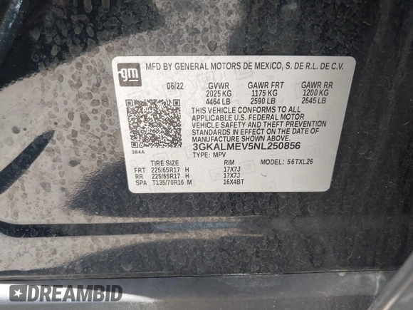 2022 GMC Terrain SLE with VIN 3GKALMEV5NL250856, listed as a IAAI auction lot 42486826 with 34,328 mi miles and . Bid and sale history available at DreamBid. Image 9.