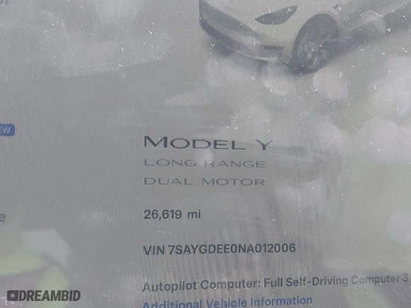 2022 Tesla Model Y Long Range with VIN 7SAYGDEE0NA012006, listed as a IAAI auction lot 41593348 with NaN miles. Bid and sale history available at carsss.com. Image 15.