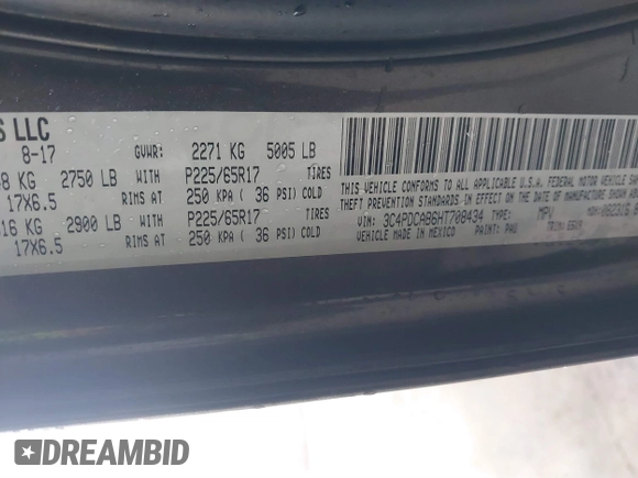 2017 Dodge Journey SE with VIN 3C4PDCAB6HT708434, listed as a IAAI auction lot 41508526 with 170,280 mi miles and . Bid and sale history available at DreamBid. Image 9.