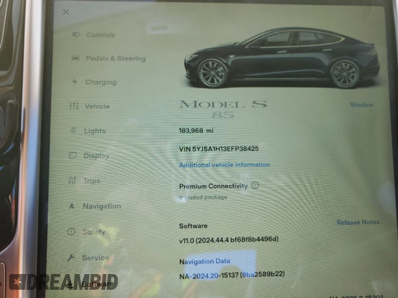 2014 Tesla Model S 60 with VIN 5YJSA1H13EFP38425, listed as a Copart auction lot 63686205 with 183,968 mi miles and Salvage title. Bid and sale history available at DreamBid. Image 9.