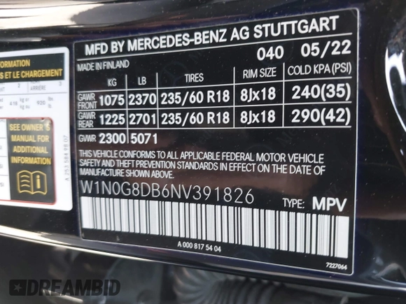 2022 Mercedes-Benz GLC 300 with VIN W1N0G8DB6NV391826, listed as a IAAI auction lot 42266256 with Not provided miles and . Bid and sale history available at DreamBid. Image 9.