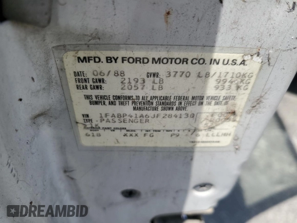 1988 Ford Mustang with VIN 1FABP41A6JF284130, listed as a Copart auction lot 60257045 with 38,867 mi miles and Clean title. Bid and sale history available at DreamBid. Image 12.